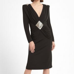 Vintage 80s Carteret Black Shoulder Pad Dress Silver Mesh Applique 14 L